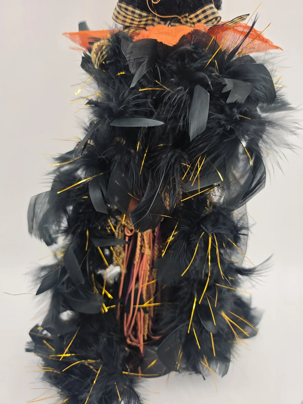 Halloween Black Feathery Cat Décor with Orange Hat
